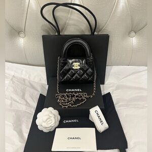 CHANEL 23k KELLY Black Gold Top Handle Nano Mini SLG Shopping Bag Handbag